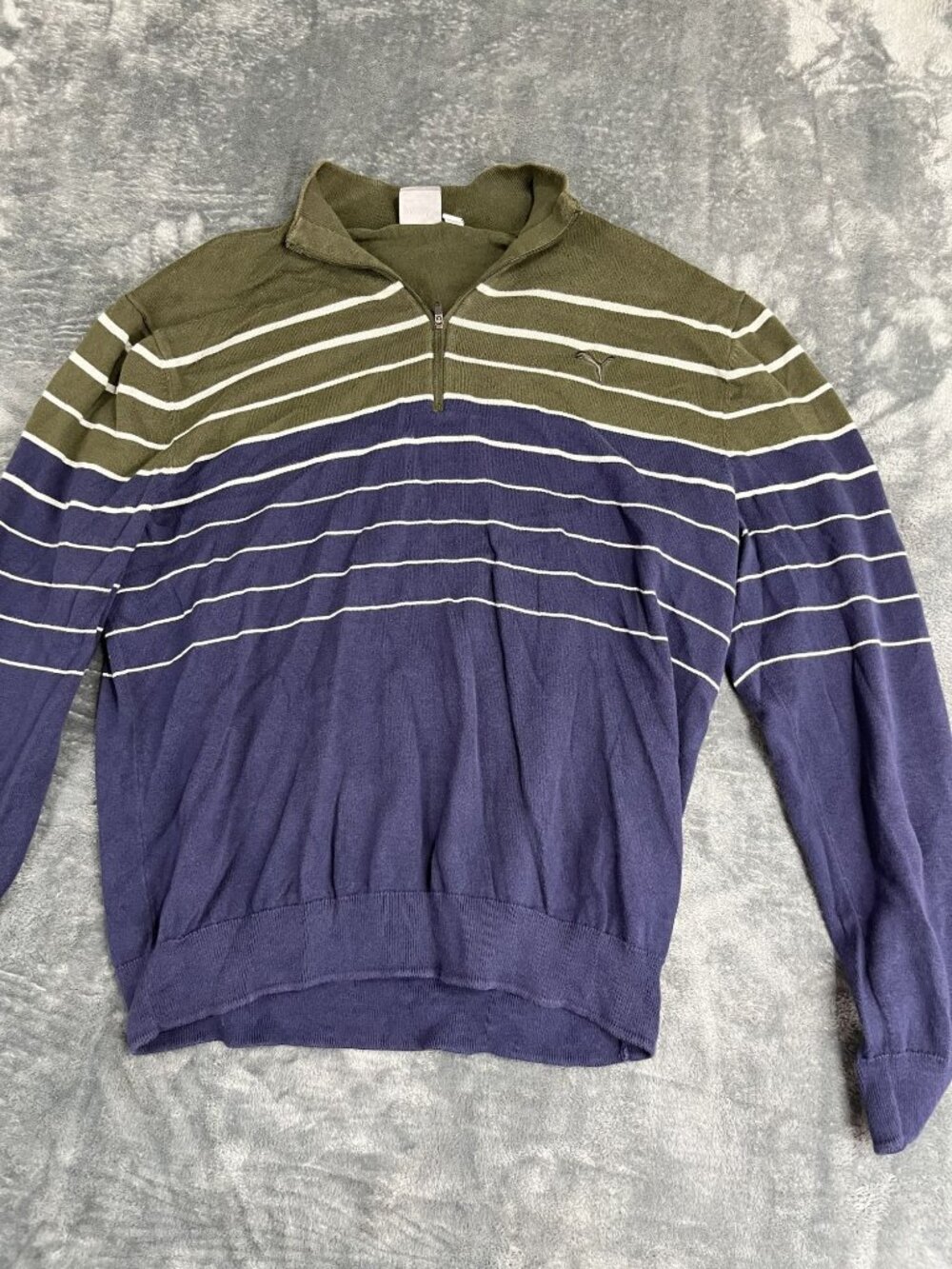 Puma Mens Green Blue Striped 1/4 Zip Pullover Sweater L